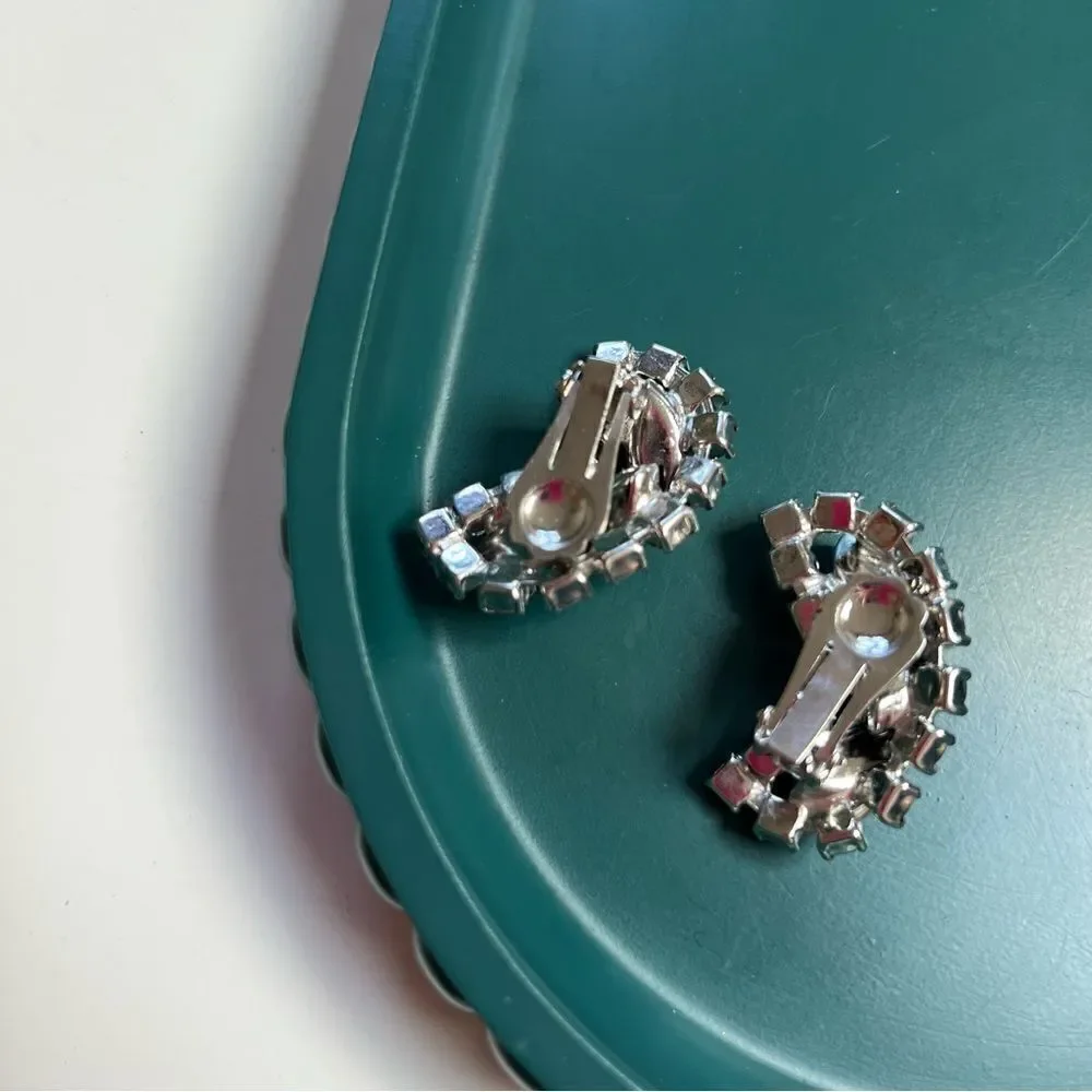 Large Pristine MCM Onyx Crystal Rhinestone Ear Climber Clip On Earrings